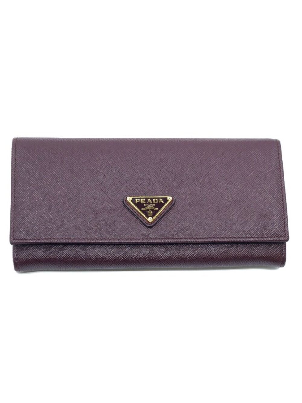 Prada Wallet Saffiano Triangle Leather Red Bordeaux Burgundy Gold